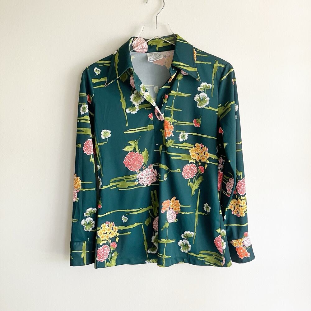 PLS READ VTG Sears Womens Small Polyester Blouse Green Floral Print Long Sleeve